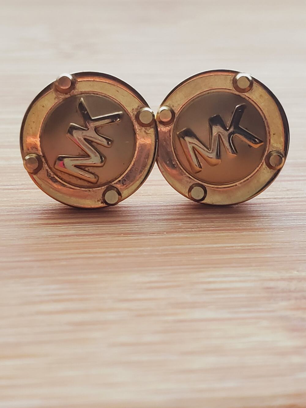 Michael Kors Yellow Gold Tone MK Logo Stud Earrings Signed